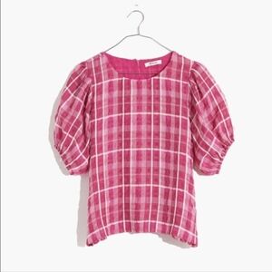 Madewell Plaid Puff Sleeve Textured Top